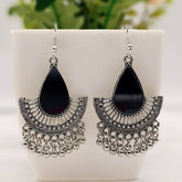 Tikka Shape Black Mirror Chaandbali Trendy Silver Oxidised Earrings